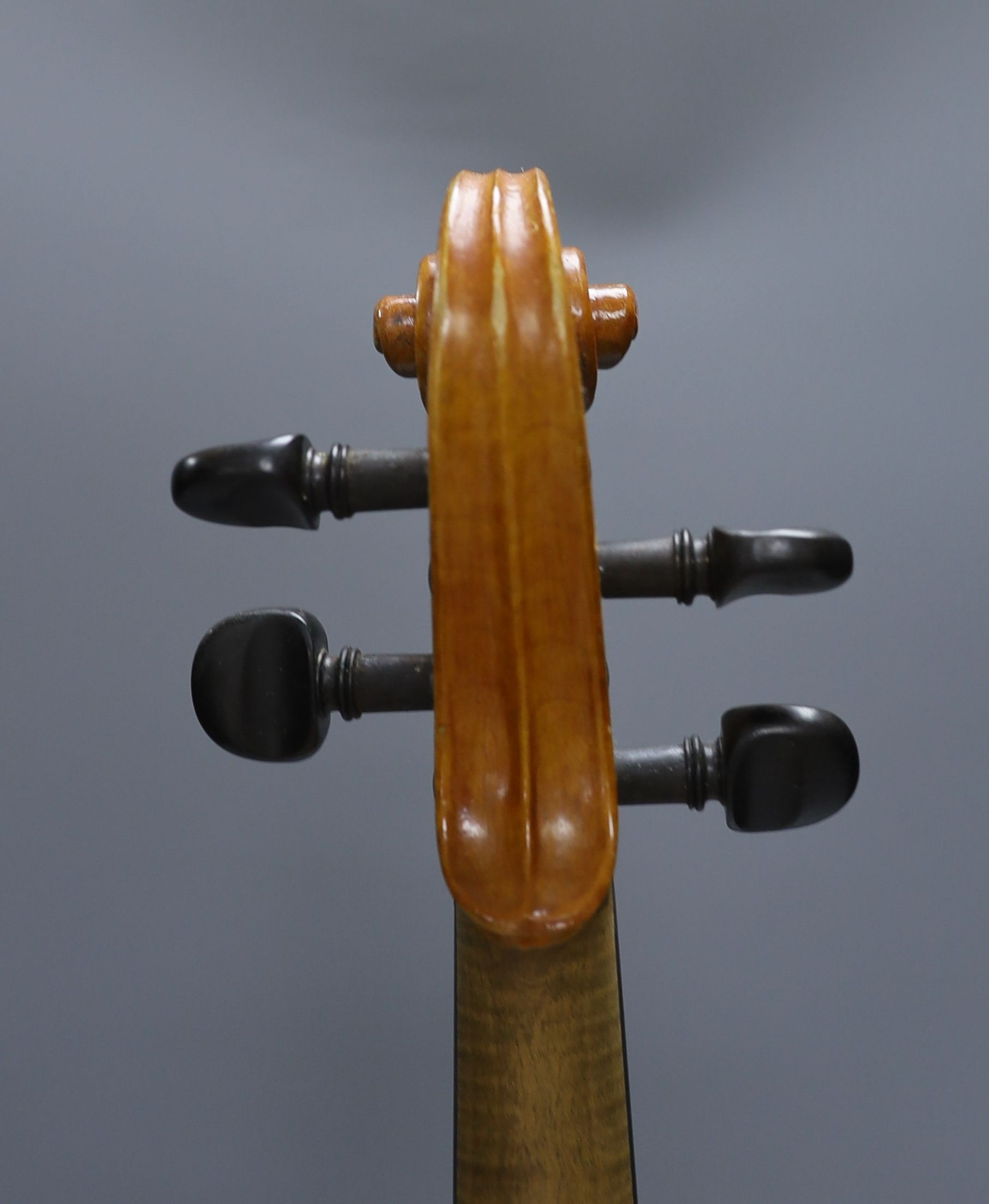 A 20th century violin in case with two bows, length of back 35.5cm